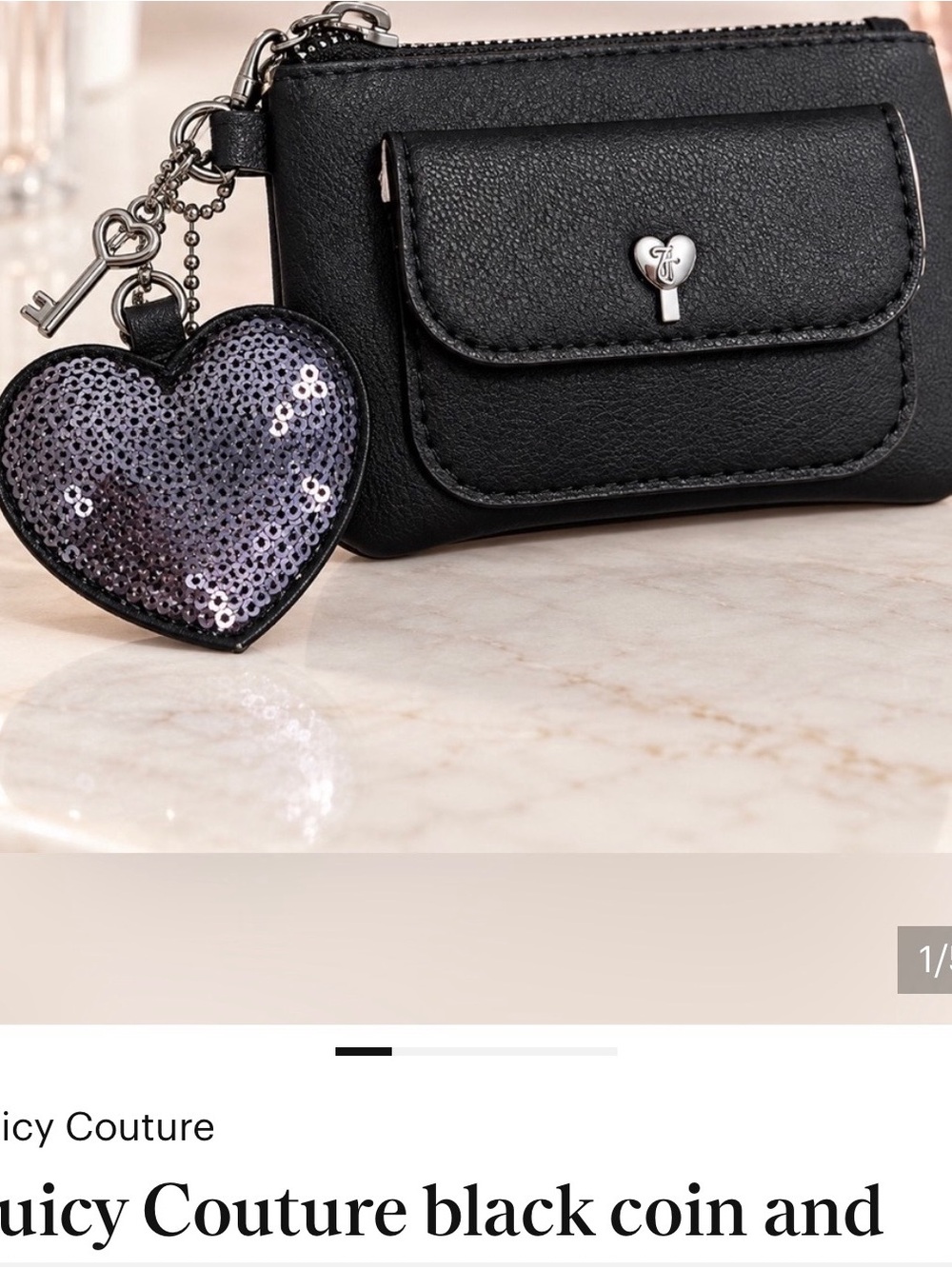 Juicy Couture Black Coin Wallet with Purple Sequin Heart Charm Keychain
